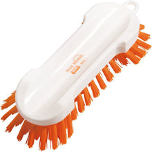 Die Haug Bürsten KG ANTI BAC WASCHBÜRSTE RUND PBT ORANGE, ø 0,50MM HART on valkoinen muovinen puhdistusharja, jossa on jäykät oranssit harjakset molemmilla puolilla, ergonomisesti kaareva kahva ja ripustusreikä helppoa käsittelyä varten.