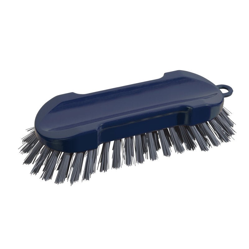 EINE METDEC PREM. PYÖRÄ HARJA, joka on valmistettu Haug Bürsten KG:n harmaista ja sinisistä jäykistä, tiheästi pakatuista PBT-harjaksista muovikahvalla (205x65x30mm), on kuvattu valkoisella taustalla.