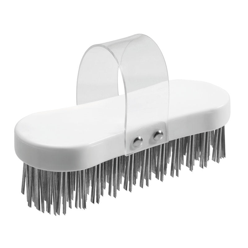 KG Hackstockharja Haug Bürsten, litteälanka, paksuus 3,3x0,6mm Kovuus185x75x37, valkoinen soikea hankausharja, jossa on kirkas kahva ja jäykät metalliharjakset puuntyöstöön, näytetään yksinkertaista taustaa vasten.