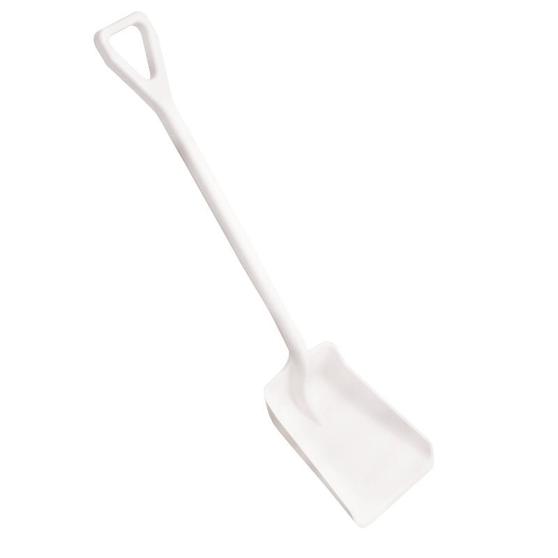 SCHAUFEL KLEIN, EINTEILIG, PP (355x255x1050mm) Haug Bürsten KG: valkoinen polypropeenilapio, jossa on suorakulmainen terä ja D-muotoinen varsi, esitetty yksinkertaisella valkoisella taustalla.