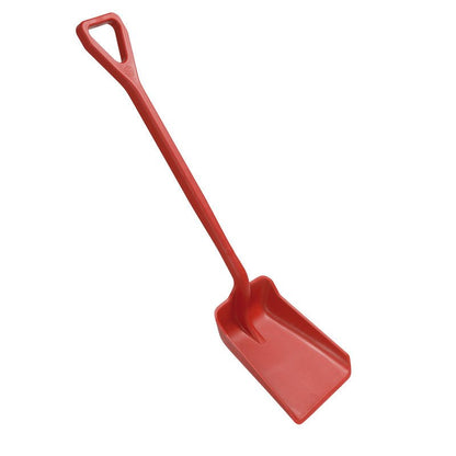 SCHAUFEL KLEIN, EINTEILIG, PP (355x255x1050mm) Haug Bürsten KG: punainen lapio, jossa on suorakulmainen terä ja pitkä varsi kolmion muotoisella kahvalla valkoisella taustalla.