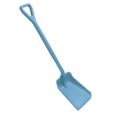 SCHAUFEL KLEIN, EINTEILIG, PP (355x255x1050mm) Haug Bürsten KG: vaaleansininen polypropeenilapio, jossa on suorakulmainen terä ja D-muotoinen varsi, esitettynä vinosti valkoisella pohjalla.