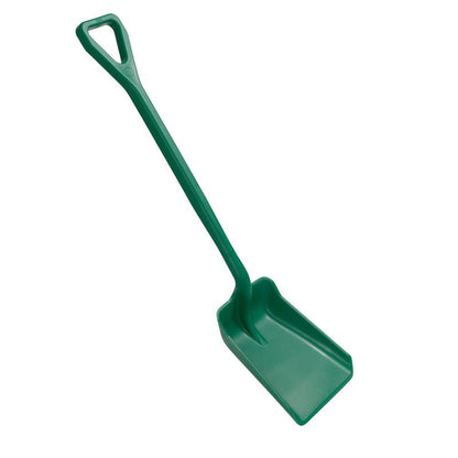 SCHAUFEL KLEIN, EINTEILIG, PP (355x255x1050 mm) Haug Bürsten KG: vihreä polypropeenilapio, jossa on leveä suorakulmainen terä ja pitkä varsi, esitetty valkoisella taustalla.