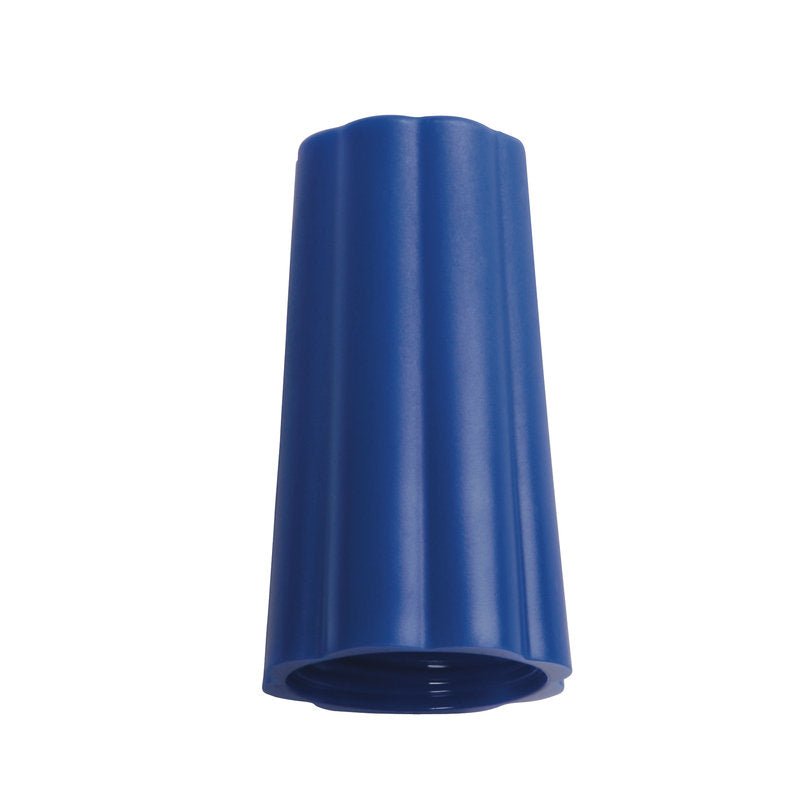 Sininen muoviliitin, jossa on uritettu, kartiomainen muoto ja ontto pohja, samanlainen kuin Haug Bürsten KG YLIMENEMISMUTTERI ULKO-ø 25MM SININEN(BENETTON) 74Xø 42MM.