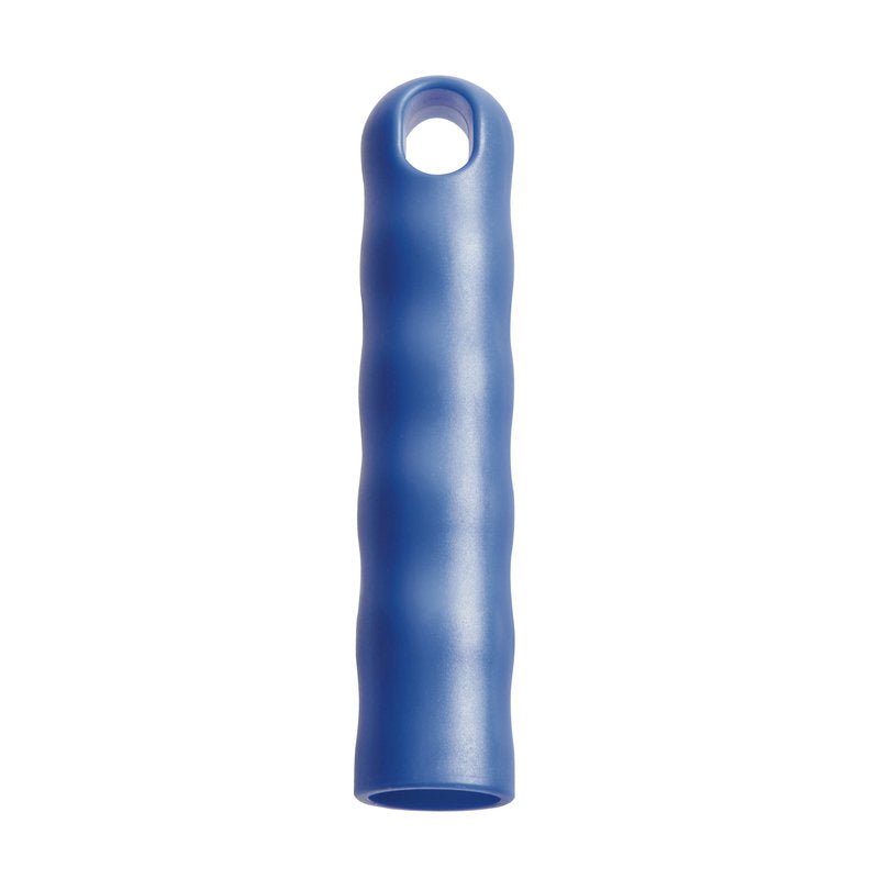 Kuvassa on sininen, sylinterimäinen silikonikahva Haug Bürsten KG:ltä, jossa on sormirivat ja yläreikä RIPUSTUSKAPPA KAIKILLE VARSILLE ULKOHALKAISIJA 22MM (125x⌀24mm) valkoisella taustalla.