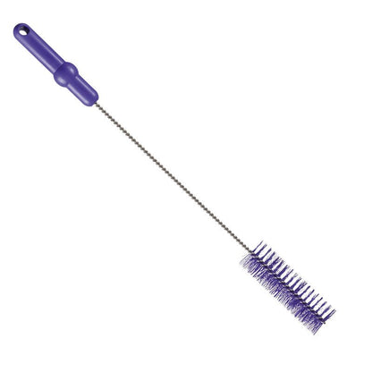 Haug Bürsten KG ROHRBÜRSTE, ø 0,50MM KESKIKOKOINEN, 500Xø40MM:ssä on violetti muovikahva, pitkä kierretty metallivarsi ja tiheät sylinterimäiset violetit harjakset, ihanteellinen putkien puhdistukseen ja valkoisella taustalla.