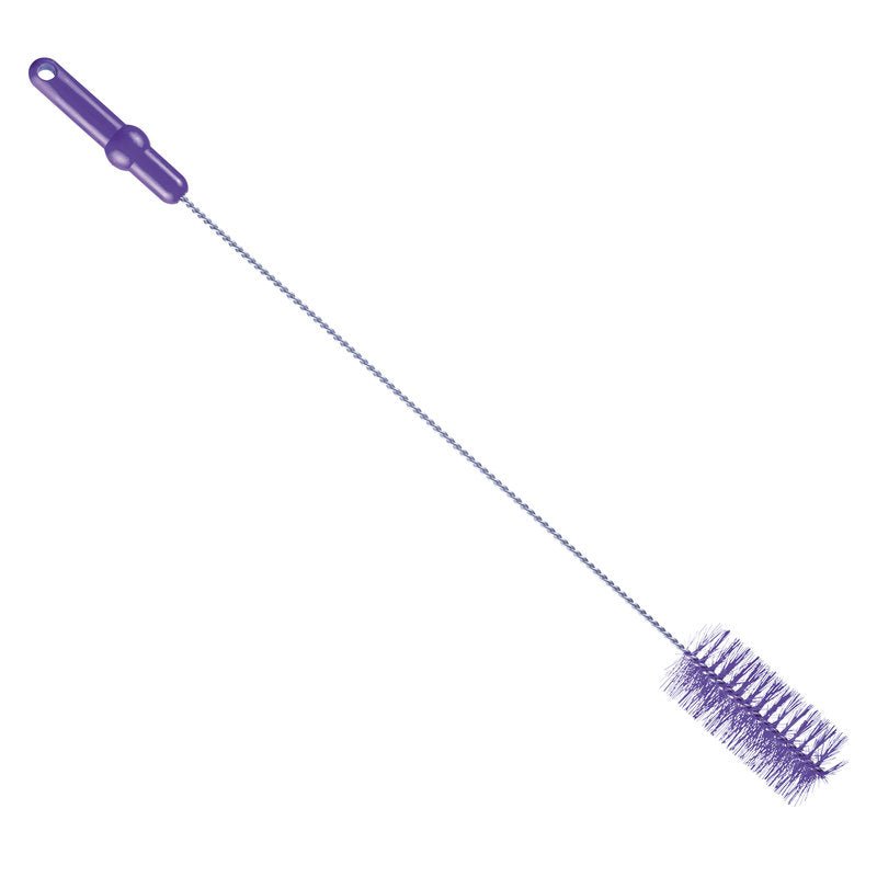 ROHRBÜRSTE ø 0,50MM MITTEL 700Xø60MM Haug Bürsten KG:ltä on pitkä, kapea harja violetilla muovikahvalla ja sylinterimäisillä harjaksilla, ihanteellinen putkien puhdistamiseen, kuvattu valkoisella taustalla.