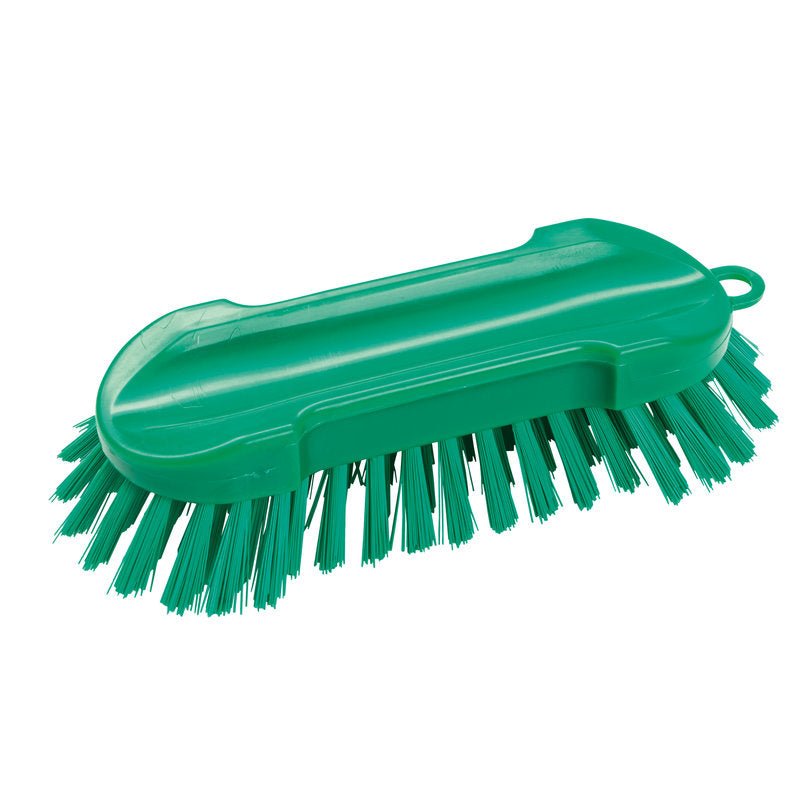 WASCHBÜRSTE RUND, HART 205X65X30MM, valmistettu Haug Bürsten KG:ssä, on vihreä käsiharja, jossa on kovat harjakset, ergonominen muovikahva ja ripustuslenkki - täydellinen puhdistustehtäviin.