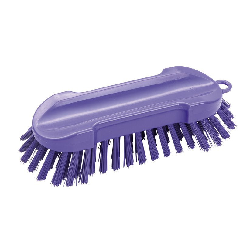 Haug Bürsten KG:n WASCHBÜRSTE RUND, HART 205X65X30MM on violetti harja, jossa on kovat harjakset, ergonominen muovikahva ja ripustuslenkki. Se on ihanteellinen perusteelliseen puhdistukseen ja esitetään valkoisella taustalla.