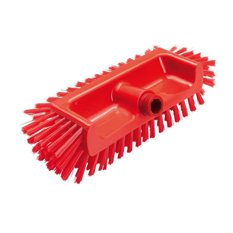 ECKENSCHRUBBER ø0,50MM MITTEL (320x125x40-50mm) Haug Bürsten KG: punainen puhdistustyökalu, jossa on kiinteät, ulospäin kulmassa olevat harjakset ja kierteinen reikä - ihanteellinen vaikeasti saavutettaville kulmille.