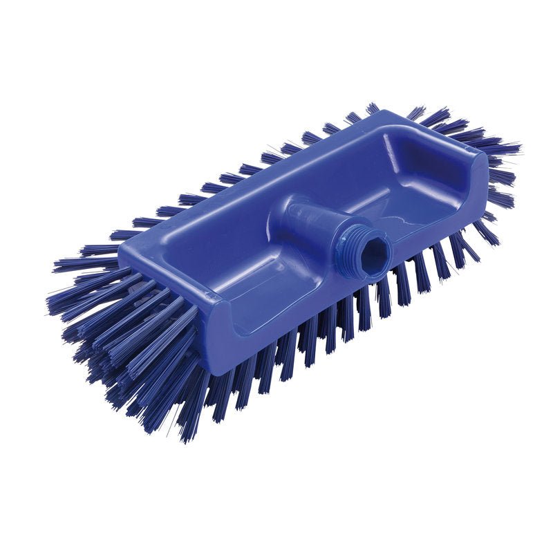 ECKENSCHRUBBER ø0,50MM MITTEL Haug Bürsten KG (320x125x40-50mm): sininen muovinen työkalu, jossa on kiinteät harjakset sivuilla ja pohjassa, puhdistaa vaikeasti saavutettavat kulmat ja siinä on kierteinen reikä varrelle.