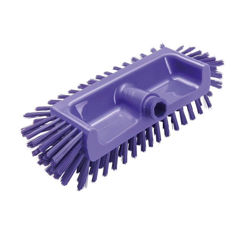 ECKENSCHRUBBER ø0,50MM MITTEL Haug Bürsten KG (320x125x40-50mm): violetti kulmikas harja, jossa on kiinteät reunaharjakset ja keskitetty kierteinen reikä - ihanteellinen vaikeasti saavutettavien kulmien puhdistukseen. Kuva valkoista taustaa vasten.