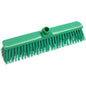 Der GROßRAUMBESEN PBT ø 1,0MM HART 400x60x65mm von Haug Bürsten KG ist ein grüner Besenkopf mit steifen Borsten und einer zentralen Gewindebohrung - perfekt für die effiziente Bodenreinigung auf großen Flächen.