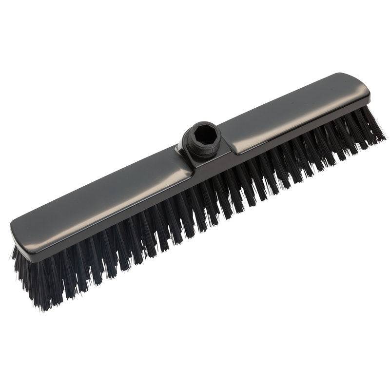 Der GROßRAUMBESEN, 400x60x50mm von Haug Bürsten KG ist ein schwarzer Besenkopf mit steifen Borsten und einer zentralen Buchse zur Stielbefestigung, perfekt für die Reinigung großer Flächen; abgebildet auf weißem Hintergrund.
