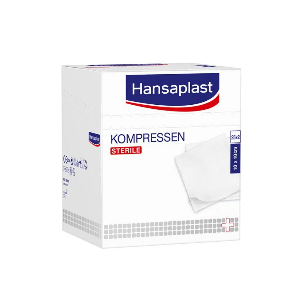 Yksi valkoinen laatikko Beiersdorf AG:n Hansaplast steriilejä kompressioita 10 x 10 cm, poistuva tuote, sisältää 25 x 2 kappaletta (50 kappaletta) ja on ihanteellinen ammattilaisten haavanhoitoon.