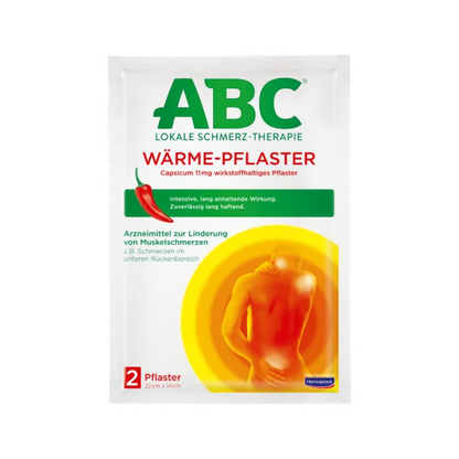 Pakkaus Hansaplast ABC® Lämpölaastari Capsicum (2 kappaletta) Beiersdorf AG:lta, jossa on kaavio ihmisen selästä alavartalon lämpösäteilyllä. Teksti osoittaa, että kyseessä on paikallinen kipuhoito ja Capsicum sisältää lihaskipujen lievittämiseen. Pakkauksen koko on 22 cm x 14 cm.