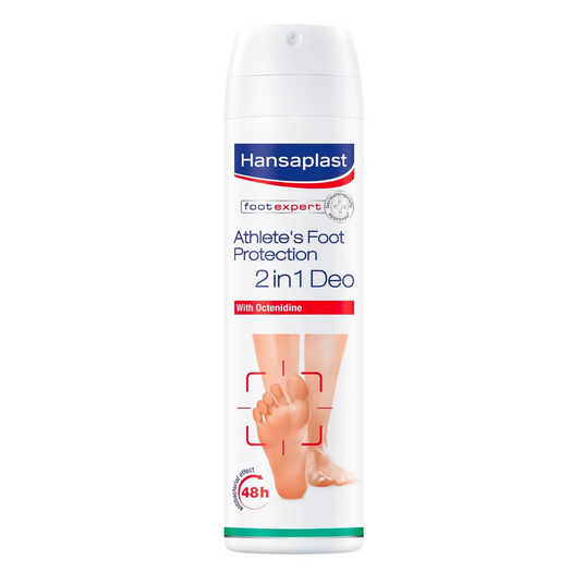 Valkoinen Hansaplast-jalkasienisuoja 2in1 spray Octenidinilla Beiersdorf AG:lta.