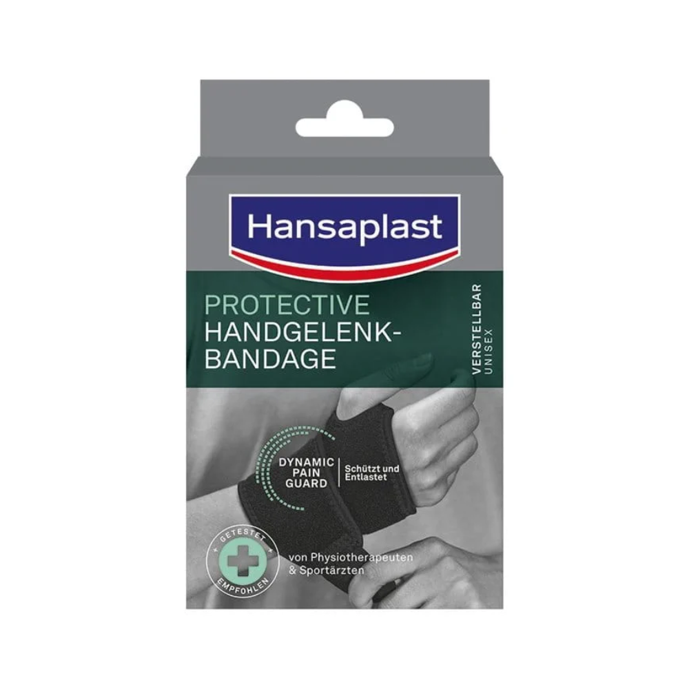 Pakkaus Beiersdorf AG:n Hansaplast Protective Handgelenk-Bandage -rannehihalle, jossa on sanat "Dynamic Guard" ja "Protection Bandage". Kuvassa on ranne, jossa on harmaa side. Teksti sisällä