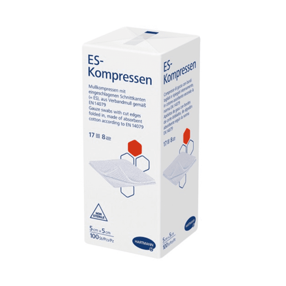 Tuotekuva laatikosta Hartmann ES-kompressioita eri kokoisina, steriloimattomia, Paul Hartmann AG:lta, jotka ovat steriilejä harsokompressioita. Laatikossa on saksankielistä tekstiä ja symboleja, jotka osoittavat tuotteen koon.
