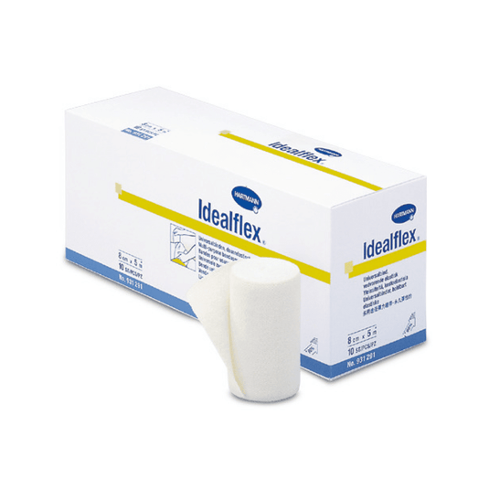 Laatikko, jossa on Paul Hartmann AG:n Idealflex®-kevyitä yleiskäyttöisiä sidoksia; etuosassa yksi rulla on osittain avattu, mikä korostaa tuotteen tekstuuria ja muotoa. Pakkaus on valkoinen ja sininen, ja siinä on tekstiä sekä tuotemerkin tietoja.