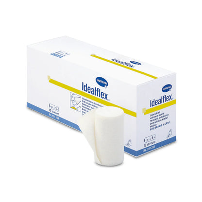 Laatikko Hartmann Idealflex® kevyt yleisside - 10 sidettä kevyellä puristuksella, valkoisella taustalla. Laatikko on auki, sisällä näkyy rullattu valkoinen side.