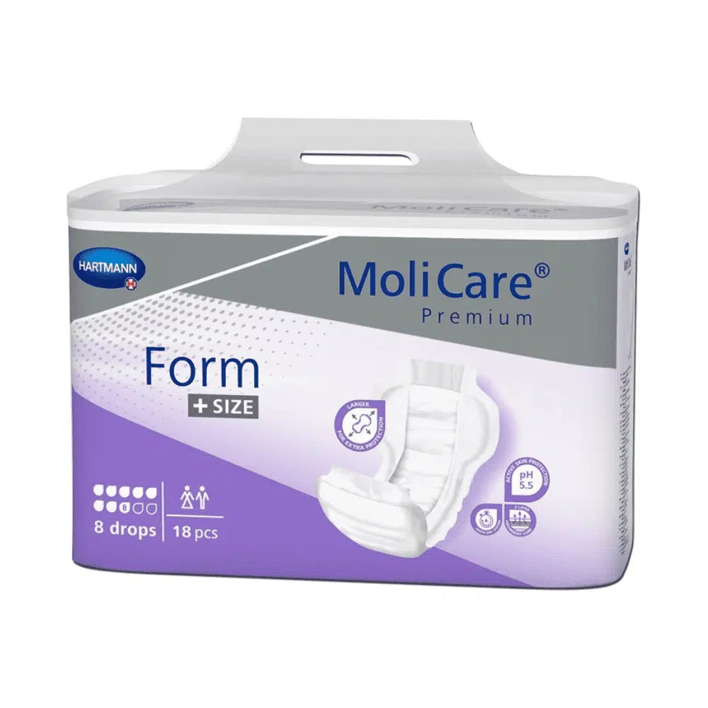 Der Auslaufartikel: Hartmann MoliCare® Premium Form +SIZE Vorlage, 8 Tropfen, 20 Stück (Paul Hartmann AG), in meist weißer und lilafarbener Verpackung mit Pad-Image - ideal als Vorlage für Übergewichtige.