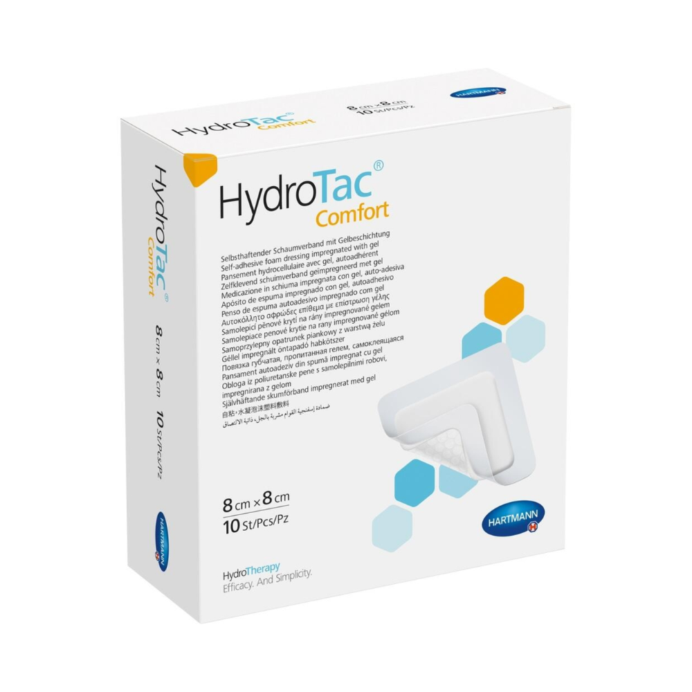 Hartmann HydroTac Comfort 8x8cm haavasidokset on varustettu monikielisellä tekstillä, kuvalla haavasidoksesta sinisellä taustalla ja Paul Hartmann AG:n logolla alaosassa. Pakkauksessa on 10 kappaletta.