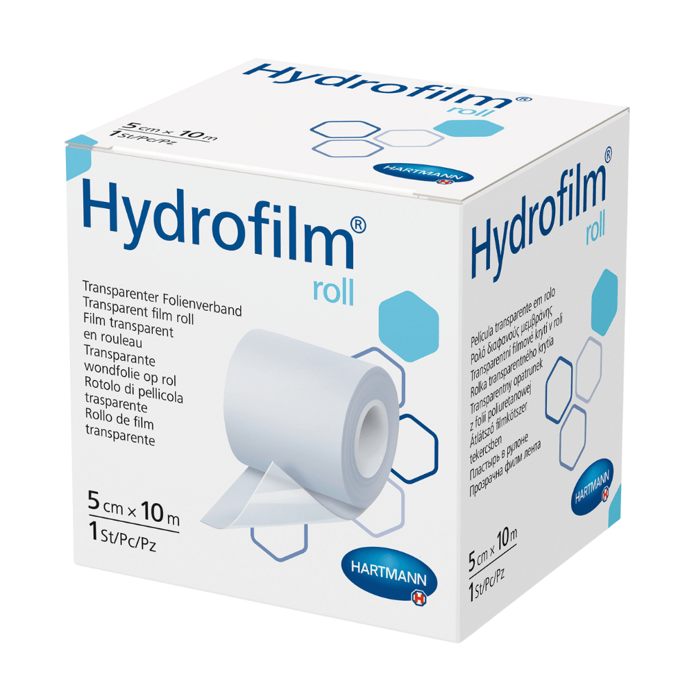 Paul Hartmann AG:n Hartmann Hydrofilm®-rullan laatikko, läpinäkyvä sidekalvo. Pakkaus on pääosin valkoinen ja vaaleansininen, ja siinä on tuotteen nimi, käyttökuvat ja kokotiedot.