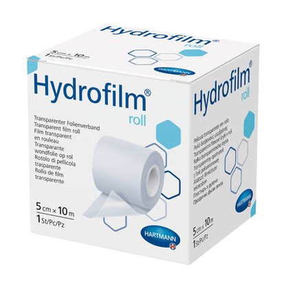 Paul Hartmann AG:n Hartmann Hydrofilm®-rullan laatikko, läpinäkyvä sidekalvo. Pakkaus on pääosin valkoinen ja vaaleansininen, ja siinä on tuotteen nimi, käyttökuvat ja kokotiedot.