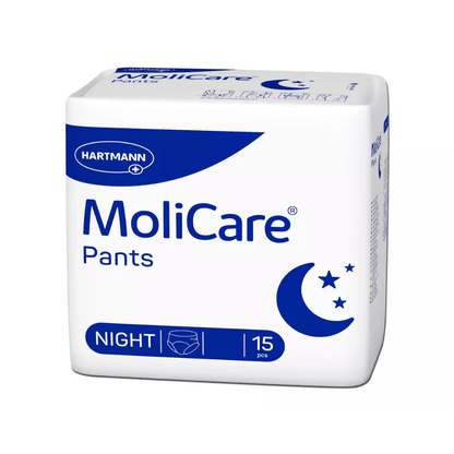 Paul Hartmann AG:n Hartmann MoliCare Pants Night -inkontinenssihousut ovat saatavilla hillityssä valko-sinisessä pakkauksessa, jossa on puolikuita ja tähtiä sekä silmiinpistävä ”Night”-teksti. Ne on suunniteltu virtsankarkailuun, tarjoavat huomaamatonta suojaa ja pakkauksessa on 15 kappaletta.