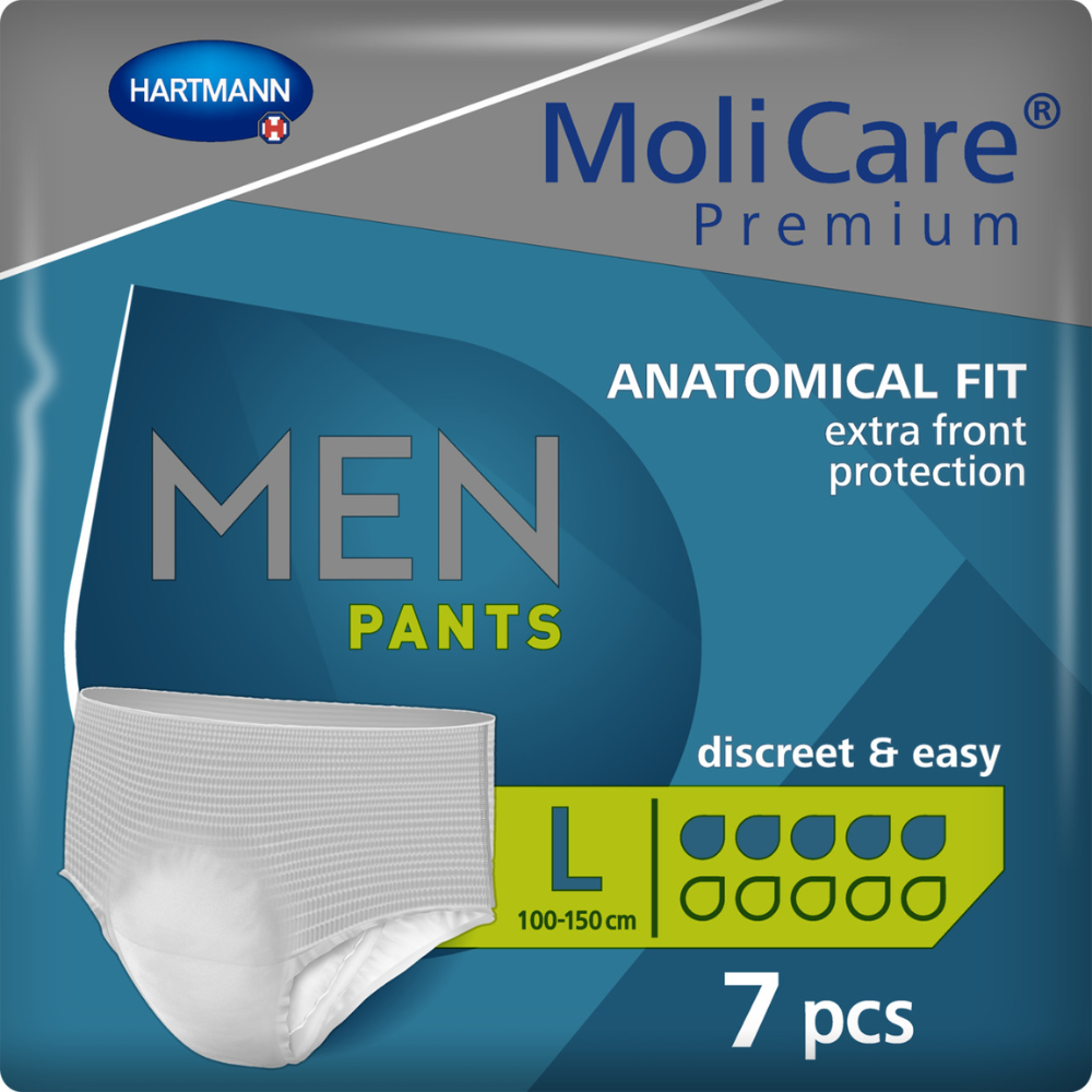 MoliCare Premium Men Pants 5 tippaa -pakkaus Paul Hartmann AG:lta, suunniteltu lievään virtsankarkailuun, koko Large, 7 kappaletta, keskittyen lisäsuojaan edessä ja huomaamattomaan, helppoon istuvuuteen. Pakkaus esittelee tuotekuvan ja korostaa anatomista istuvuutta.