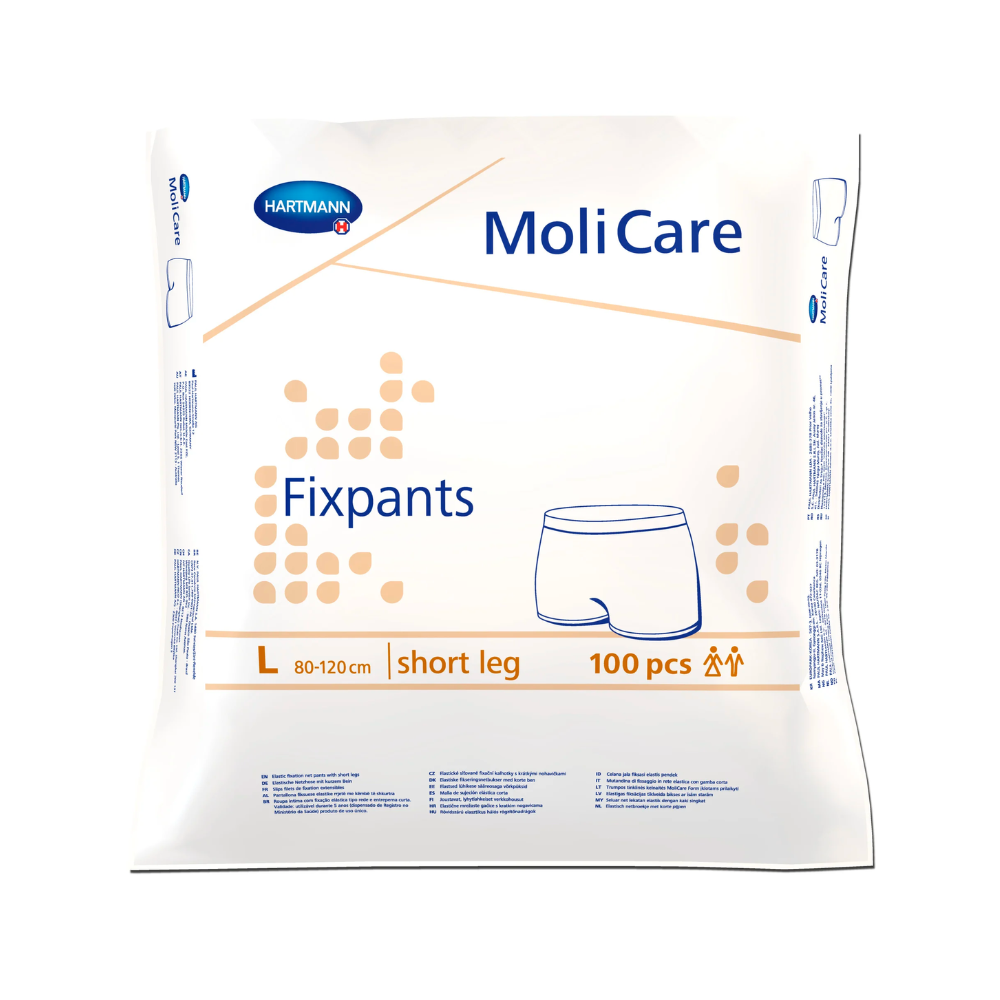 Eine 100er-Packung Hartmann MoliCare® Fixpants Netzhose, Größe Large (80-120 cm) der Paul Hartmann AG, wird in einer überwiegend weißen Verpackung mit blauen und orangefarbenen Akzenten und einer Abbildung zur Verwendung mit Inkontinenzeinlagen geliefert.