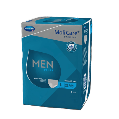 Paul Hartmann AG Hartmann MoliCare® Premium MEN PANTS inkontinenssihousujen pakkaus koossa Large, sisältää 7 kappaletta. Sininen pakkaus, jossa on valkoinen teksti, korostaa tuotteen anatomista istuvuutta ja huomaamatonta, helppoa suojaa miesten rakon heikkoutta vastaan.