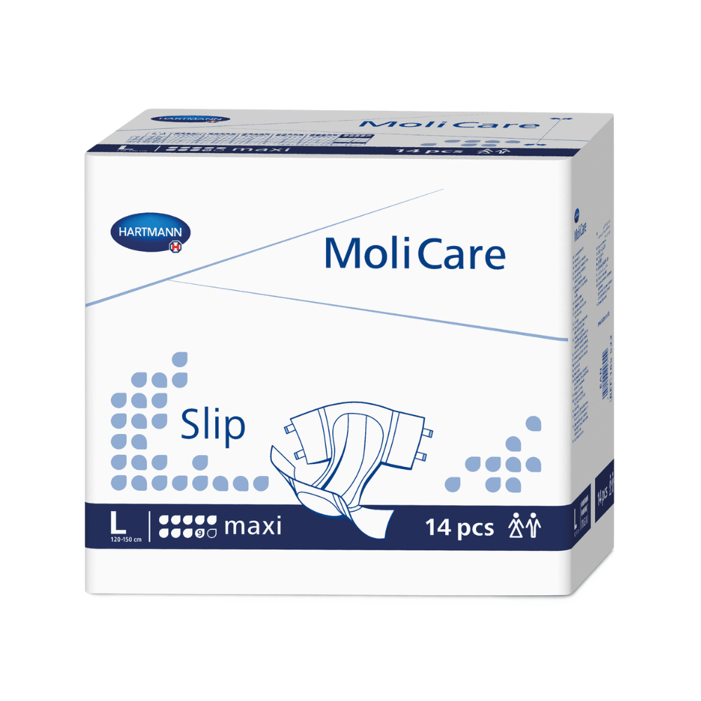 Laatikko Hartmann MoliCare® Slip maxi 9 pisaraa aikuisvaippoja Paul Hartmann AG:lta, koko L, sisältö 14 kappaletta, pääosin valkoinen ja sininen pakkaus tuotekuvilla ja tekstillä.