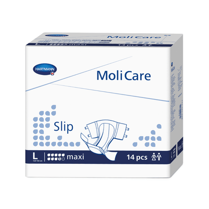Laatikko Hartmann MoliCare® Slip maxi 9 pisaraa aikuisvaippoja Paul Hartmann AG:lta, koko L, sisältö 14 kappaletta, pääosin valkoinen ja sininen pakkaus tuotekuvilla ja tekstillä.