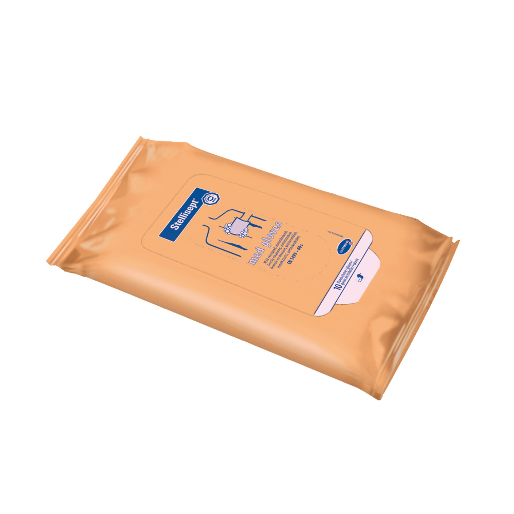 Pakkaus Paul Hartmann AG Hartmann Stellisept® med käsineitä, pesukäsineitä | Pakkaus (10 kappaletta) hoitavaan antibakteeriseen koko kehon pesuun. Uudelleensuljettava oranssi pakkaus sisältää sinistä tekstiä ja kuvituksia, mukaan lukien kuva pyyhityistä käsistä.