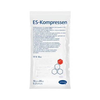 Paul Hartmann AG:n Hartmann ES-Kompressen, 8-kertainen, steriili - 5 x 2 kpl haavanhoitoon, mitat 10 cm x 20 cm. Pakkauksen väri on valkoinen, ja siinä on sinistä ja punaista tekstiä sekä läpinäkyvä ikkuna, joka näyttää sisällön. Sisältää 8 sideharsotaitosta, 17-kertainen, korkea imukyky ja vähäinen nukkaantuminen.