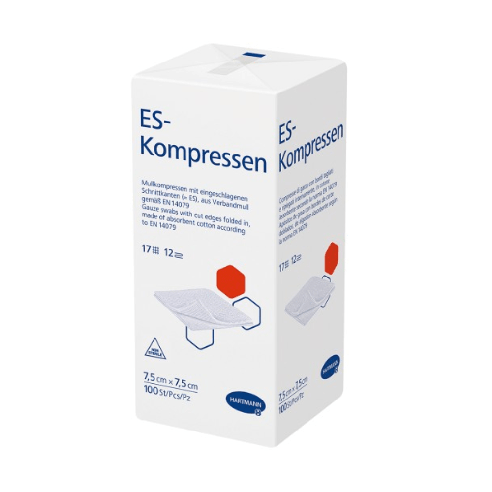 Valkoinen laatikko Hartmann ES-kompresseja Paul Hartmann AG:lta. Pakkauksessa on sinipunainen teksti, joka ilmoittaa koon (7,5 cm x 7,5 cm).