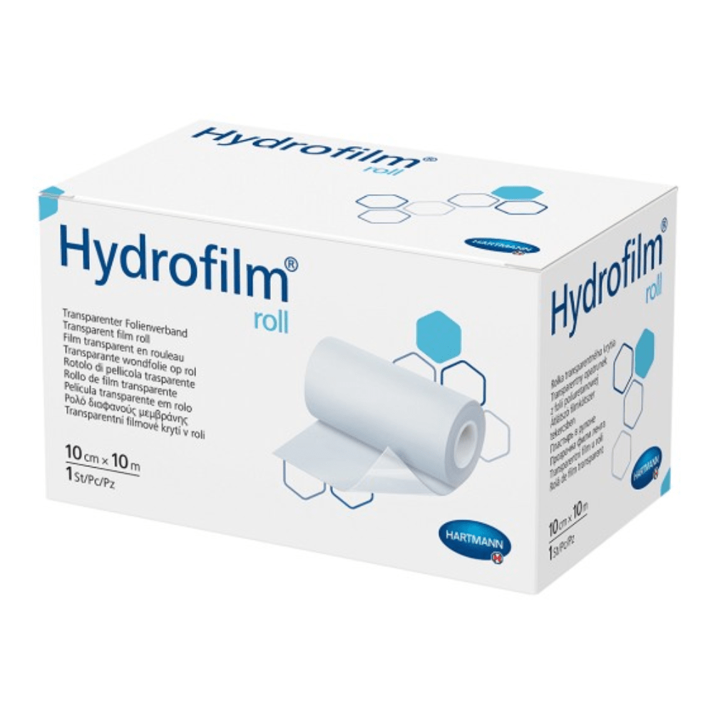 Tuotekuva laatikosta, jossa on Paul Hartmann AG:n Hartmann Hydrofilm® -rulla, läpinäkyvä teippinauha, jossa on pakkaustiedot ja kuvia nauharullasta ja käyttömerkeistä.