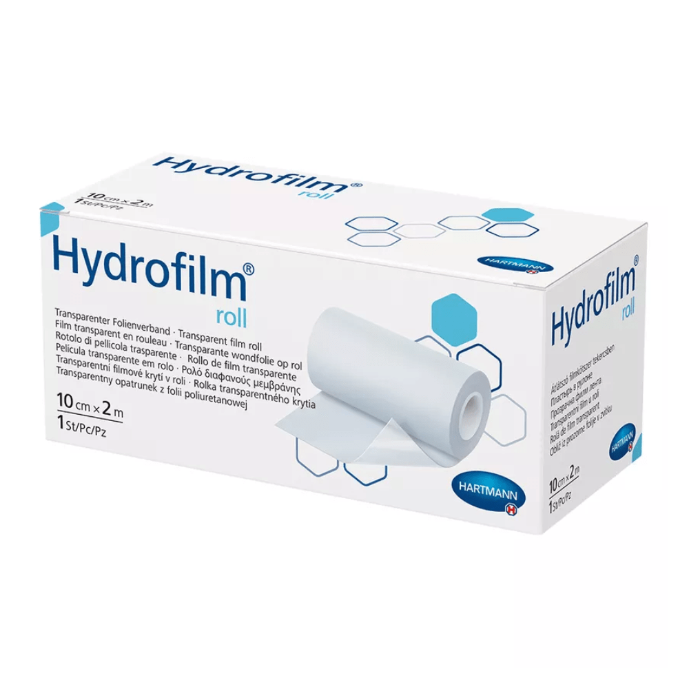 Kuva Hartmannin tuotepakkauksesta, Paul Hartmann AG:n Hartmann Hydrofilm® -rulla, läpinäkyvä kalvoside. Pakkaus sisältää kuvauksia eri kielillä ja näyttää kuvan kalvorullasta.