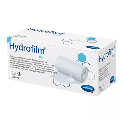 Kuva Hartmannin tuotepakkauksesta, Paul Hartmann AG:n Hartmann Hydrofilm® -rulla, läpinäkyvä kalvoside. Pakkaus sisältää kuvauksia eri kielillä ja näyttää kuvan kalvorullasta.