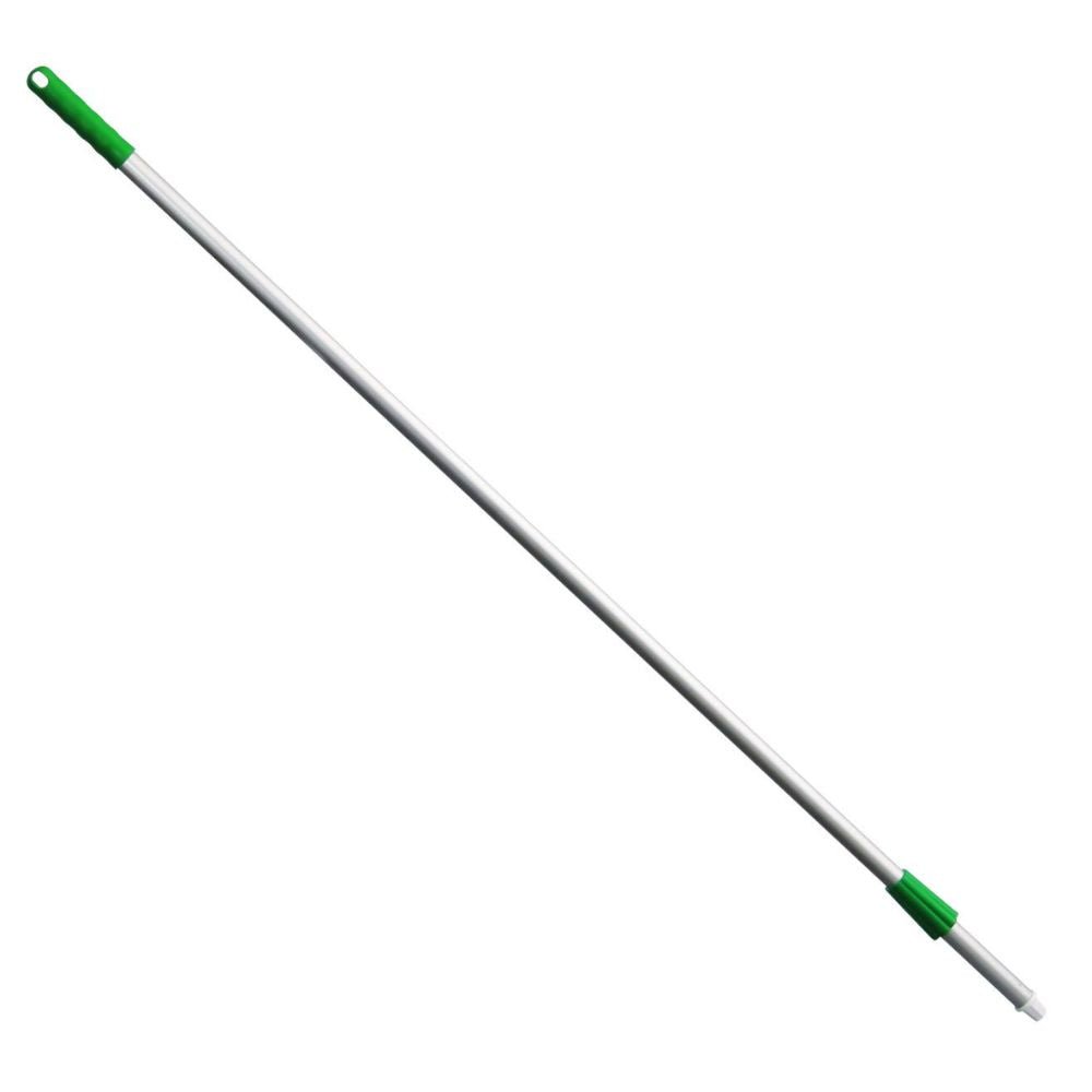 Kuva pitkästä, metallisesta Haug Alustiel-kahvasta (1450 mm ø 25MM) Haug Bürsten KG:ltä eloksoidusta alumiiniputkesta vihreillä muovipäillä, joka täyttää HACCP-standardin vaatimukset. Viistosti asetettu yksinkertaisen valkoisen taustan eteen.