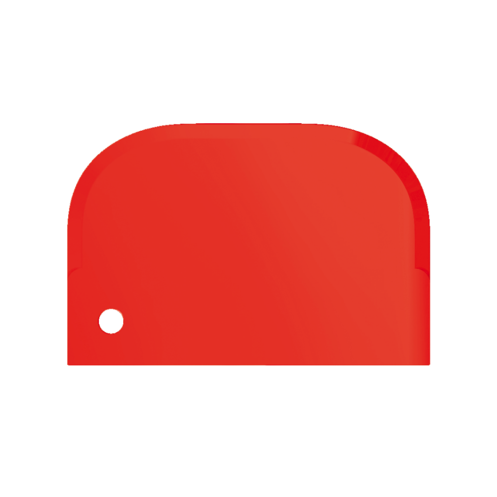 Kirkkaan punainen esine, jossa on pyöristetyt reunat ja kiiltävä pinta, joka muistuttaa Haug-kaavinta pieni 15 x 10 cm Haug Bürsten KG:ltä. Siinä on pieni pyöreä reikä alakulmassa ja se näytetään yksinkertaisella valkoisella taustalla.