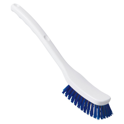 Kuvassa on valkoinen Haug Universalharja (Haug Bürsten KG), jossa on HACCP-yhteensopivat siniset PBT-harjakset ja pitkä kahva.