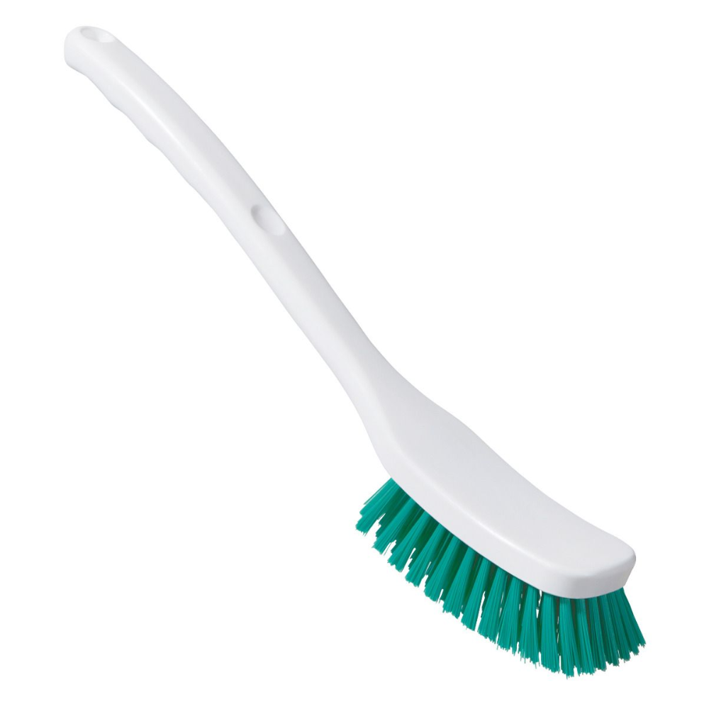 Haug Bürsten KG:n Haug Universalharja PBT on valkoinen muovinen puhdistusharja, jossa on pitkä kahva ja vihreät PBT-harjakset, kuvattuna valkoisella taustalla.