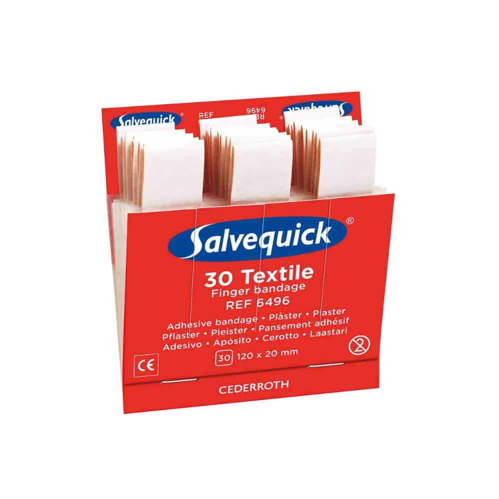 Avoin Holthaus Medical Salvequick® -täyttölaatikko sisältää 30 tekstiilistä sormisidettä (120 x 20 mm) laastariautomaattiin. Tuotetiedot ja logot ovat näkyvissä. Merkki: Holthaus Medical GmbH & Co. KG.