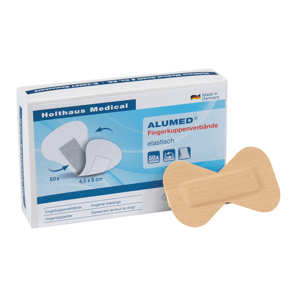 Yksi pakkaus Holthaus Alumed® sormenpäiden sidettä, joustava, sisältäen 50 sormenpäiden sidettä, etupuolella on kuvattuna yksi side. Sidokset ovat pakkauksen mukaan kooltaan 4,5 cm x 8 cm ja ne valmistetaan Saksassa Holthaus Medical GmbH & Co. KG:n toimesta.