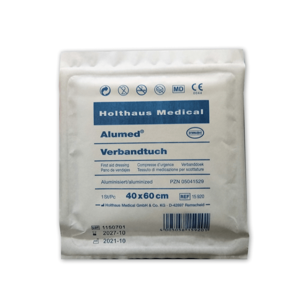 Holthaus Alumed® -sideharso Holthaus Medical GmbH & Co. KG:ltä on steriilisti pakattu side, jossa on merkintä "alumiinipinnoitettu", sen koko on 40x60 cm ja se sisältää yhden kappaleen. Viimeinen käyttöpäivä on lokakuu 2027.