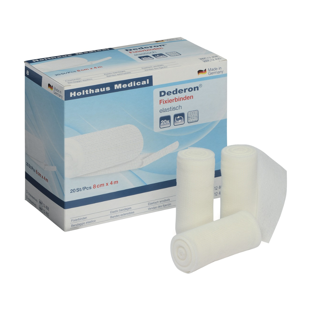 Kuva näyttää Holthaus Medical GmbH & Co. KG:n Holthaus Dederon® -kiinnityssiteen laatikon. Laatikko sisältää kuvan siteistä ja yksityiskohtia tästä lääkinnällisestä tuotteesta, kuten sen, että se sisältää 20 kappaletta, joiden mitat ovat 8 cm x 4 m. Laatikon edessä on kuvattuna kolme rullattua sidettä.