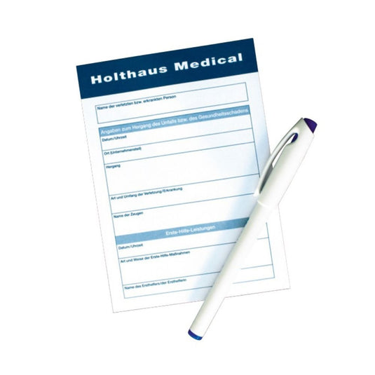 Holthaus Medical GmbH & Co. KG:n Holthaus Medical -ilmoituslomake sisältää tarkkaan dokumentointiin tarvittavat kohdat henkilötiedoille ja lääketieteellisille tapahtumille. Lomakkeessa näkyy tyhjä kynä yksinkertaisella valkoisella taustalla.